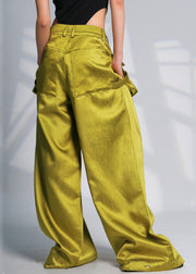 Chic Green Pockets High Waist Cotton Wide Leg Pants Spring