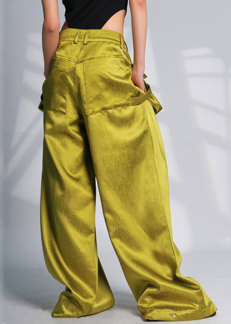 Chic Green Pockets High Waist Cotton Wide Leg Pants Spring