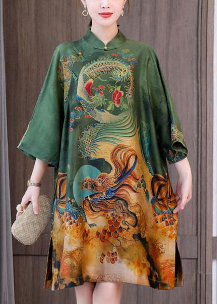 Chic Green Print Chinese Style Silk A Line Dresses Spring