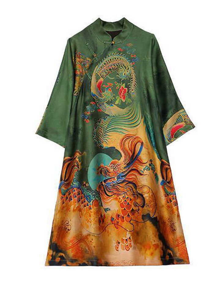 Chic Green Print Chinese Style Silk A Line Dresses Spring