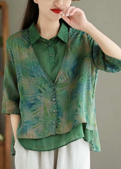 Chic Green Print False Two Pieces Linen Shirt Half Sleeve