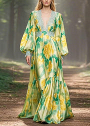 Chic Green Print High Waist Silk Maxi Dress V Neck Spring