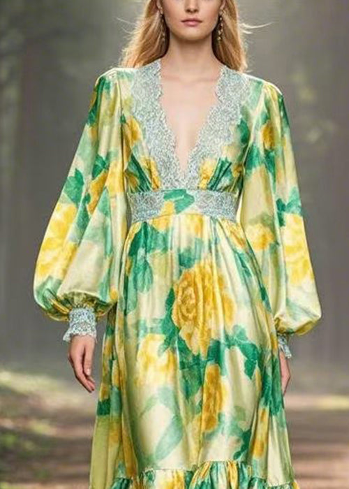 Chic Green Print High Waist Silk Maxi Dress V Neck Spring