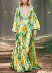 Chic Green Print High Waist Silk Maxi Dress V Neck Spring