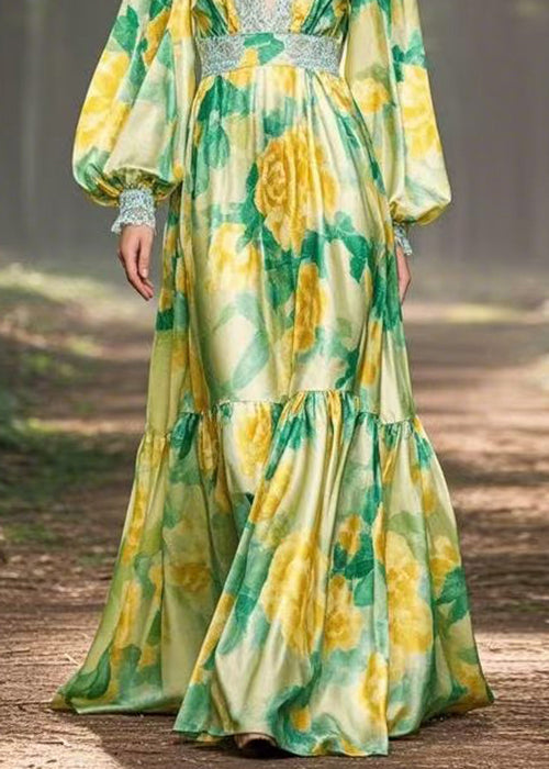 Chic Green Print High Waist Silk Maxi Dress V Neck Spring