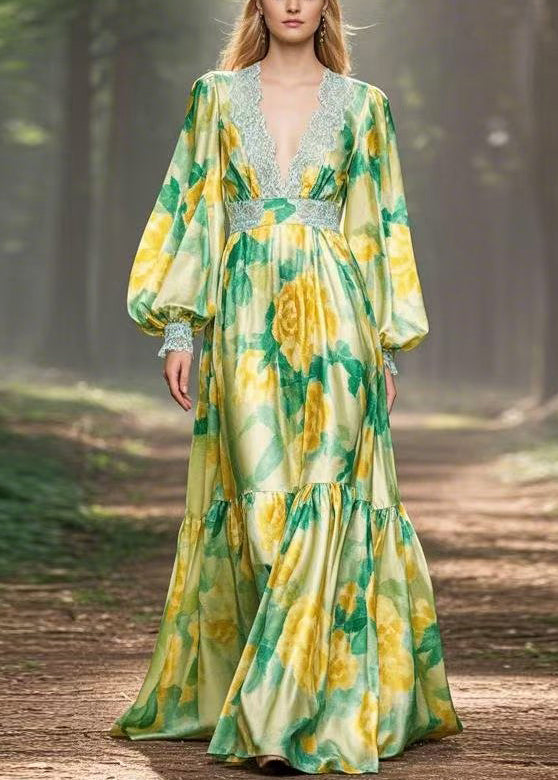 Chic Green Print High Waist Silk Maxi Dress V Neck Spring