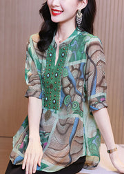 Chic Green Print Nail Bead Patchwork Linen Shirts Bracelet Sleeve