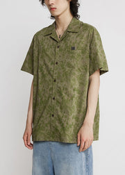 Chic Green Print Pockets Cotton Mens Shirt Summer