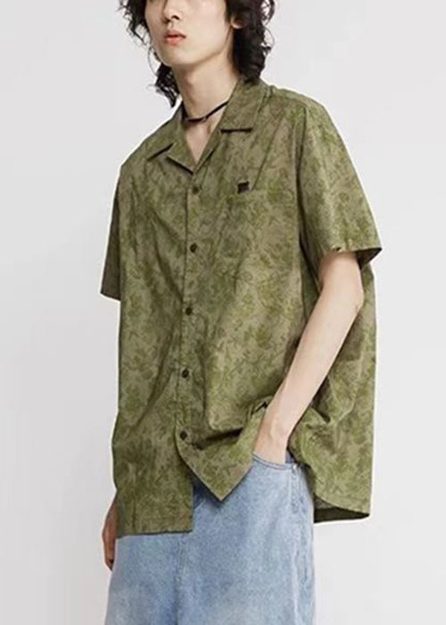 Chic Green Print Pockets Cotton Mens Shirt Summer