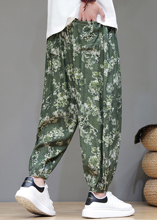 Chic Green Print Pockets Ice Silk Men Crop Pants Summer