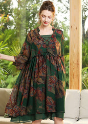 Chic Green Print Ruffled Cross Strap Chiffon Dress Flare Sleeve