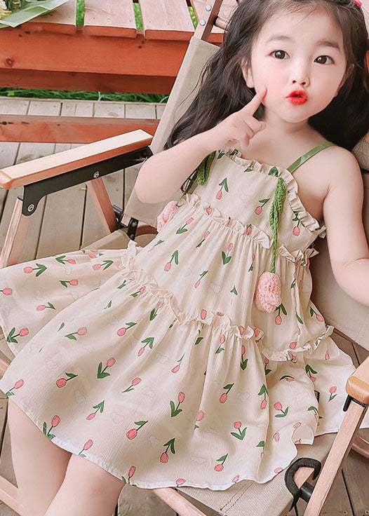 Chic Green Print Ruffled Patchwork Cotton Baby Girls Sundress Sleeveless