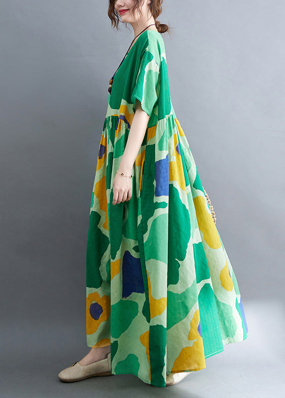 Chic Green Print Wrinkled Party Maxi Dress Summer