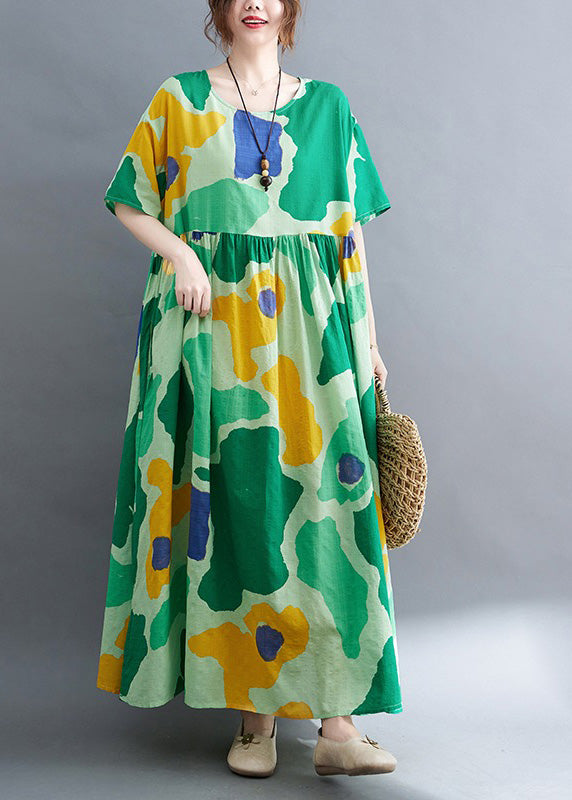 Chic Green Print Wrinkled Party Maxi Dress Summer