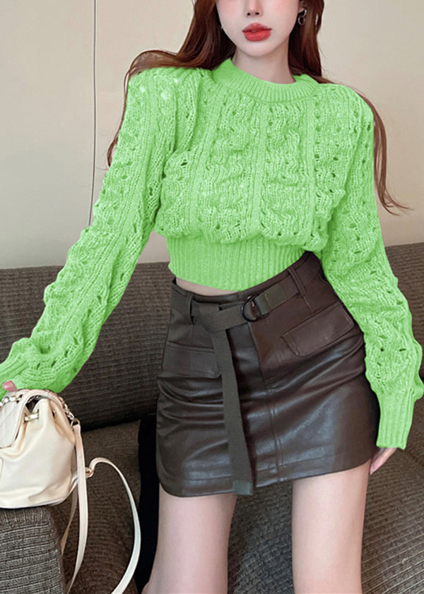 Chic Green Puff Sleeve Hollow Out Knit Short Sweater Spring