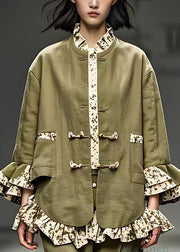 Chic Green Ruffled Button Cotton Coats Butterfly Sleeve