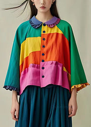 Chic Green Ruffled Button Patchwork Cotton Coat Long Sleeve