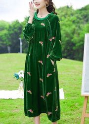 Chic Green Ruffled Embroideried Floral Silk Velour Maxi Dresses Spring