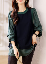 Chic Green Ruffled Knit Patchwork False Two Pieces Top Fall