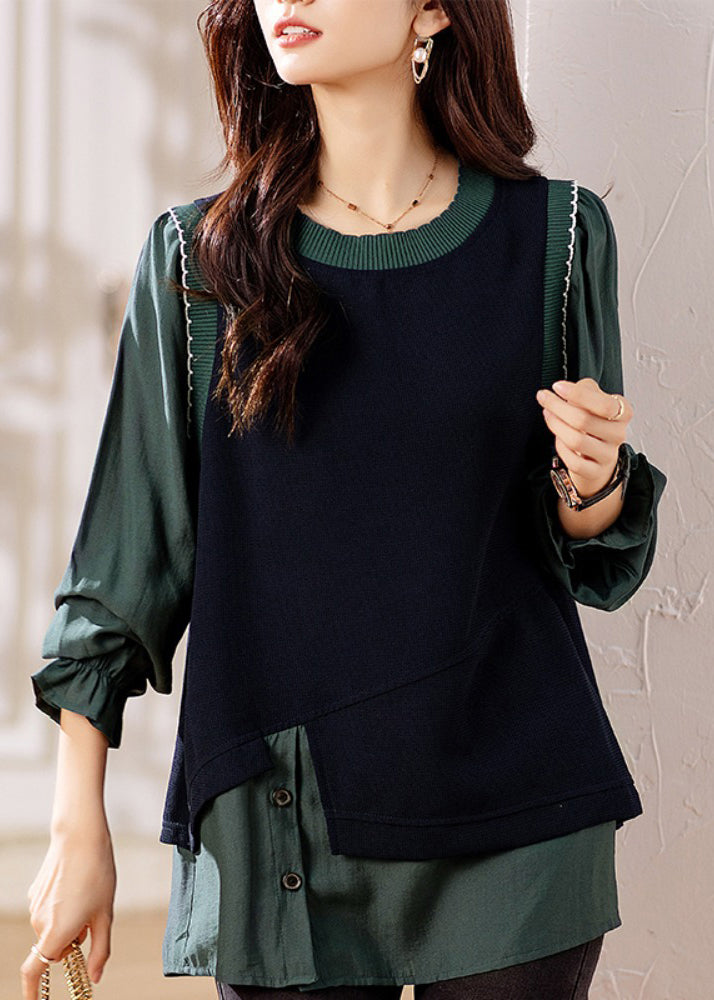 Chic Green Ruffled Knit Patchwork False Two Pieces Top Fall