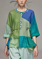 Chic Green Ruffled Patchwork Cotton Shirts Bracelet Sleeve