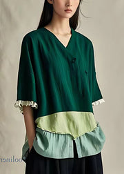 Chic Green Ruffled Patchwork Cotton Shirts Half Sleeve