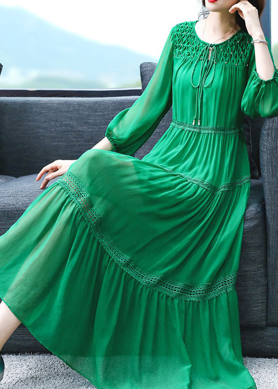 Chic Green Ruffled Patchwork Hollow Out Silk Maxi Dress Bracelet Sleeve