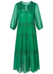 Chic Green Ruffled Patchwork Hollow Out Silk Maxi Dress Bracelet Sleeve