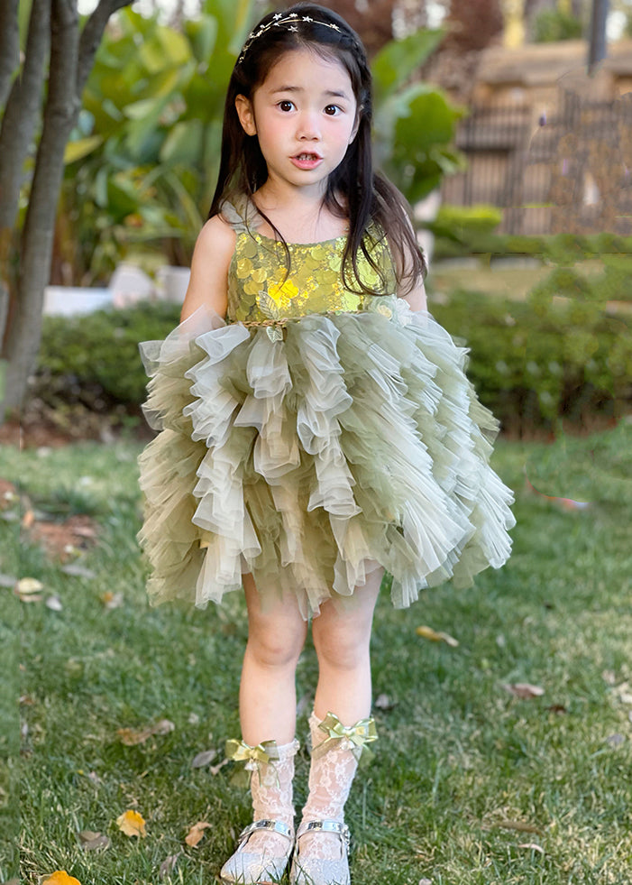 Chic Green Ruffled Patchwork Tulle Girls Party Dress Sleeveless