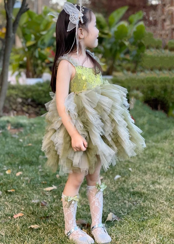 Chic Green Ruffled Patchwork Tulle Girls Party Dress Sleeveless