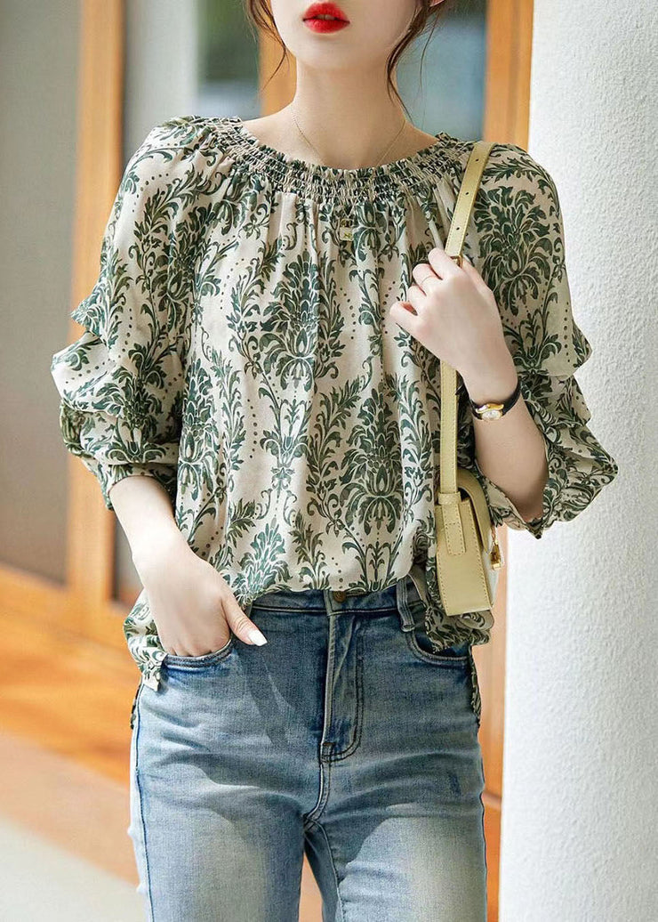 Chic Green Slash Neck Print Patchwork Chiffon Shirt Tops Summer