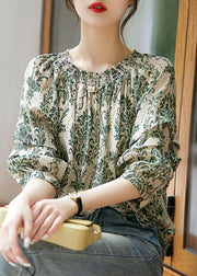 Chic Green Slash Neck Print Patchwork Chiffon Shirt Tops Summer