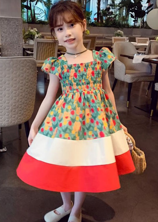 Chic Green Square Collar Print Patchwork Cotton Girls Dresses Summer