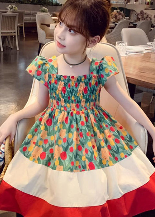 Chic Green Square Collar Print Patchwork Cotton Girls Dresses Summer