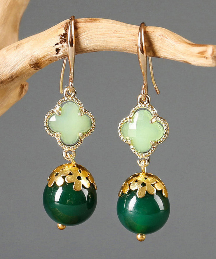 Chic Green Sterling Silver Agate Coloured Glaze Clover Drop Earrings