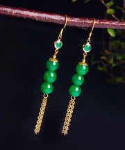 Chic Green Sterling Silver Overgild 14K Gold Jade Tassel Drop Earrings