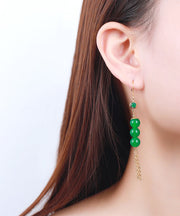 Chic Green Sterling Silver Overgild 14K Gold Jade Tassel Drop Earrings