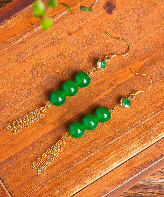 Chic Green Sterling Silver Overgild 14K Gold Jade Tassel Drop Earrings