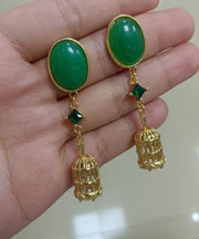 Chic Green Sterling Silver Overgild Hollow Out Birdcage Drop Earrings