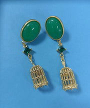 Chic Green Sterling Silver Overgild Hollow Out Birdcage Drop Earrings