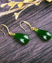 Chic Green Sterling Silver Overgild Jade Water Drops Drop Earrings