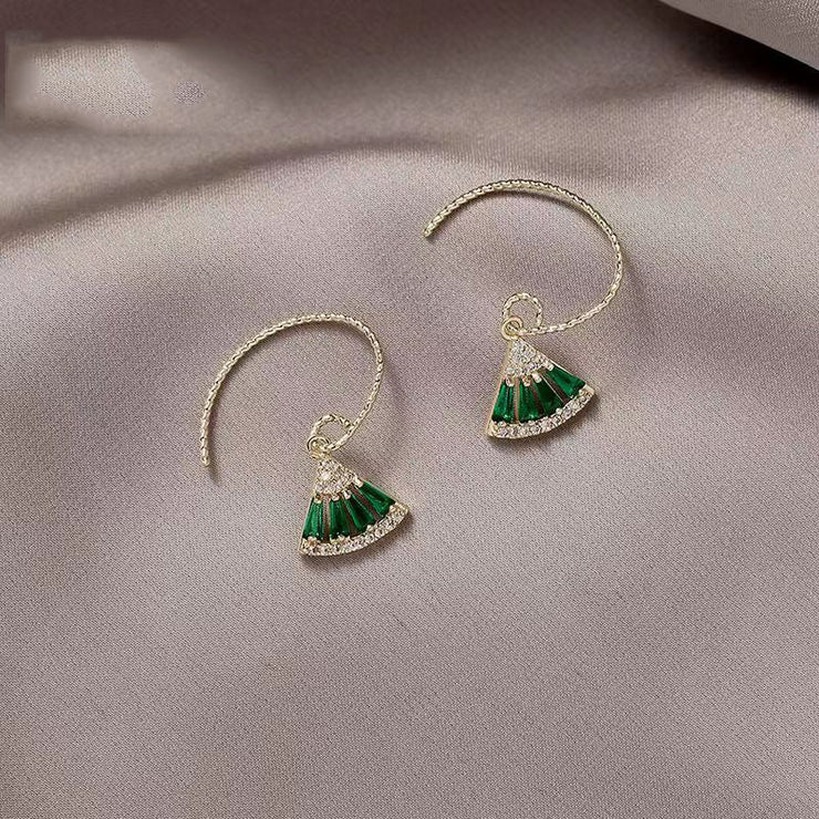 Chic Green Sterling Silver Overgild Zircon Fan Shaped Hoop Earrings