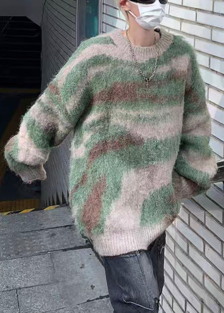 Chic Green Striped Patchwork Knit Mens Sweaters Winter