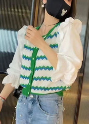 Chic Green Striped Ruffled Patchwork Knit Blouse Tops Fall