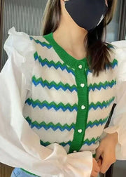 Chic Green Striped Ruffled Patchwork Knit Blouse Tops Fall