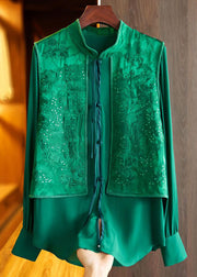 Chic Green Tasseled Jacquard Patchwork Silk Shirt Top Spring