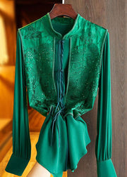 Chic Green Tasseled Jacquard Patchwork Silk Shirt Top Spring