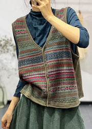 Chic Green V Neck Button Cotton Knit Waistcoat Sleeveless