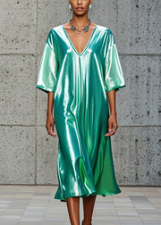 Chic Green V Neck Oversized Silk Vacation Dresses Summer