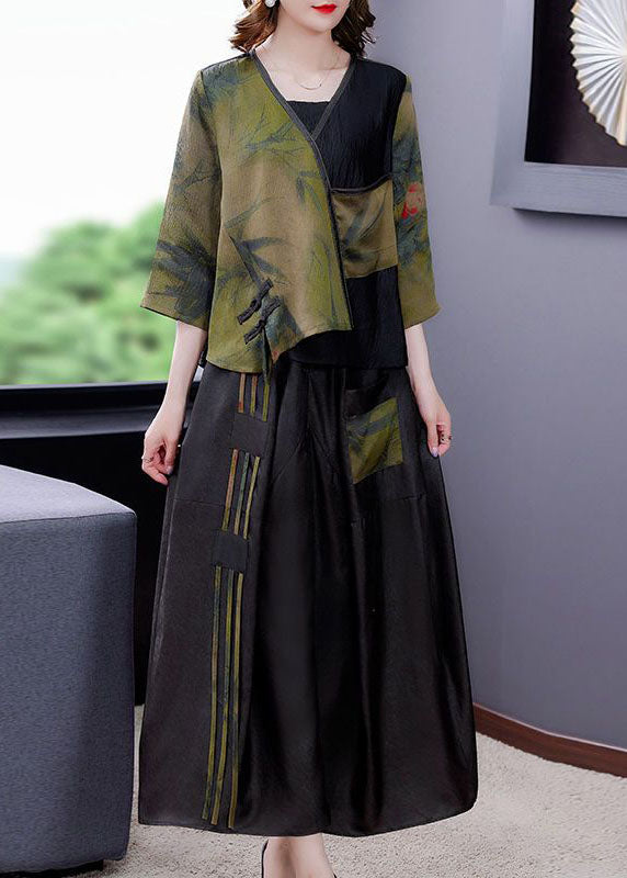 Chic Green V Neck Patchwork Tasseled Oriental Button Silk Two Piece Set Summer